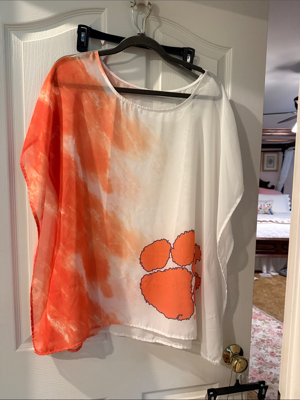Women's Orange and White Sheer Paw-Print Tunic Top